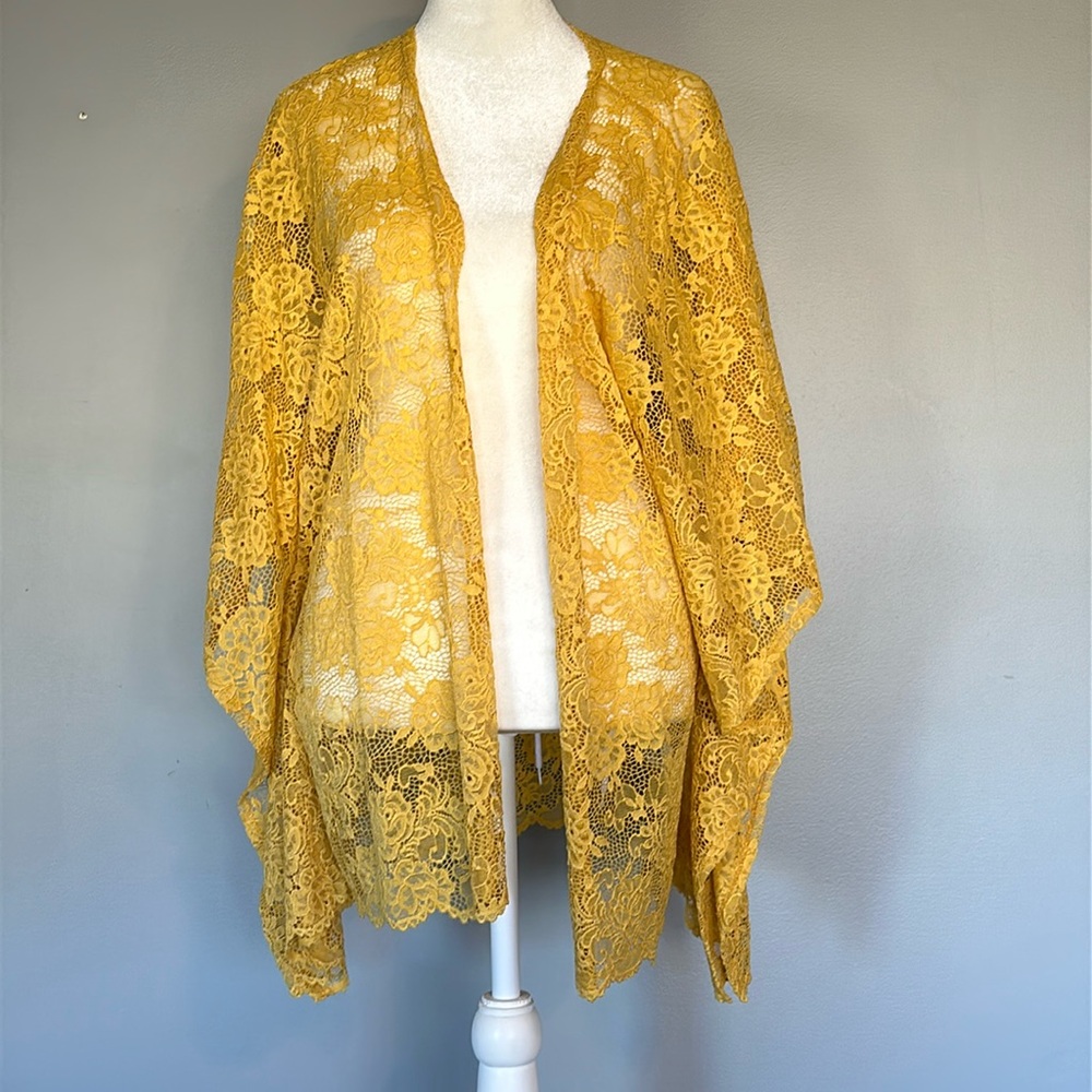 Ginger G Mustard Yellow Lace Kimono, Size Large